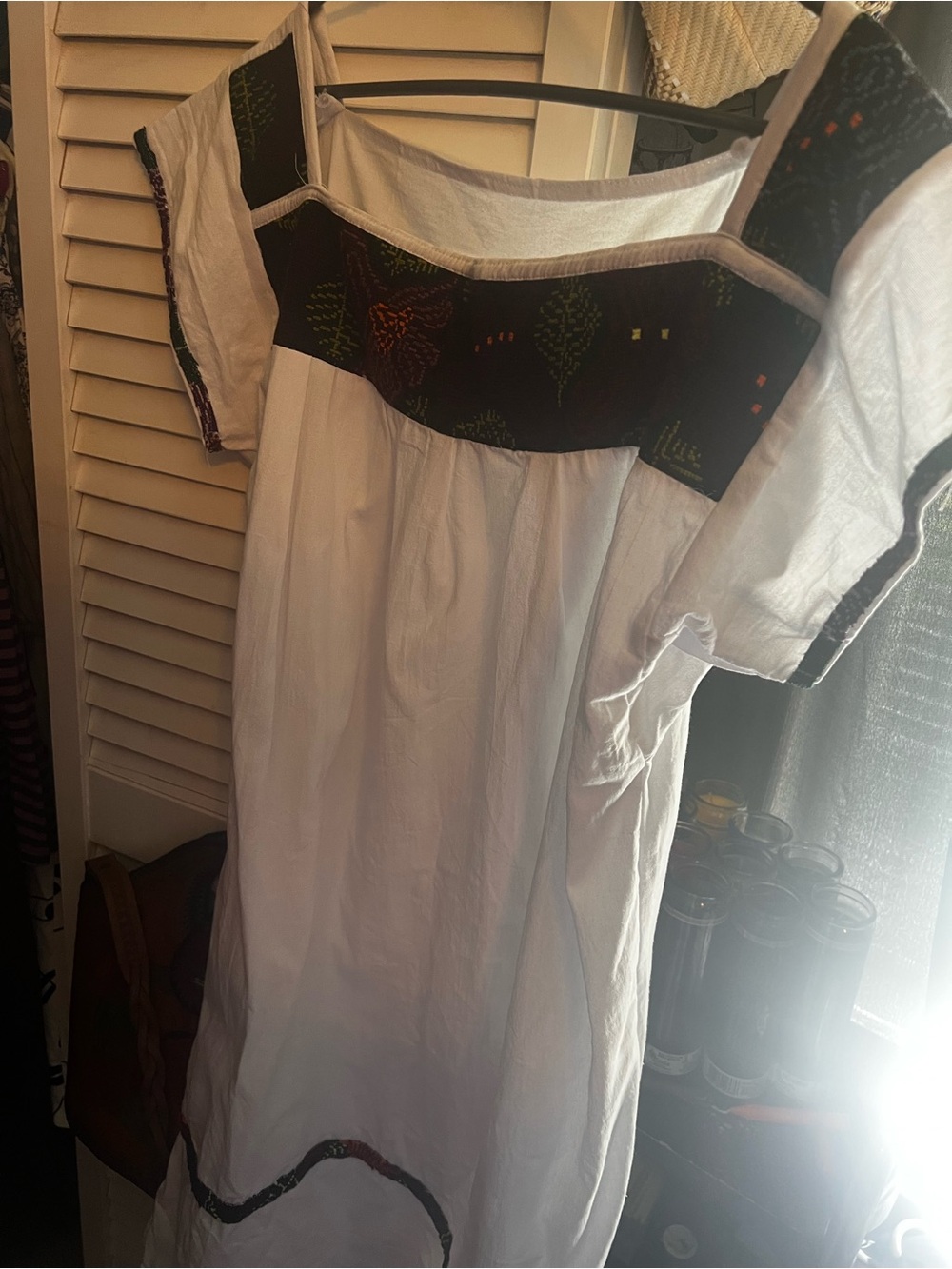 White Peasant Dress with Black Embroidered Yoke